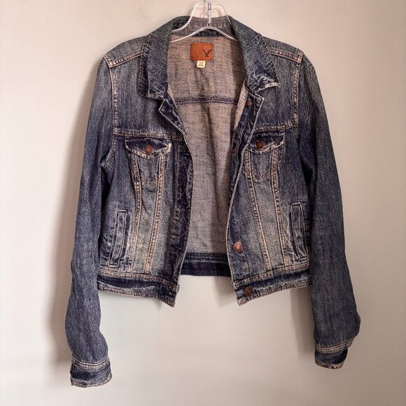 American Eagle Distressed Blue Denim Button Up Jacket - Picture 1 of 5